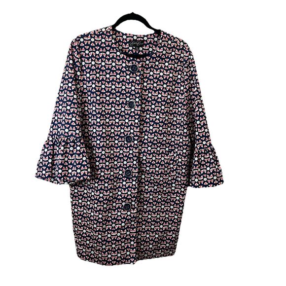 Eden Court Navy Cream Coral Geometric Preppy 3/4 Bell Sleeve Button Jacket XL - Picture 1 of 13